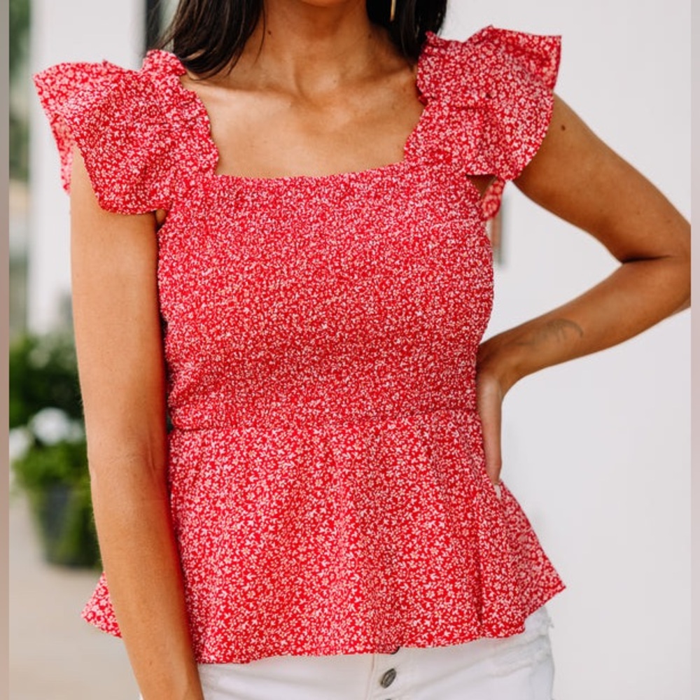 Red Square Neck Ruffled Floral Patterned Top - image 1